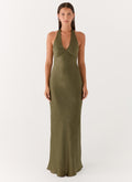 Heavy Hearted Satin Maxi Dress - Khaki