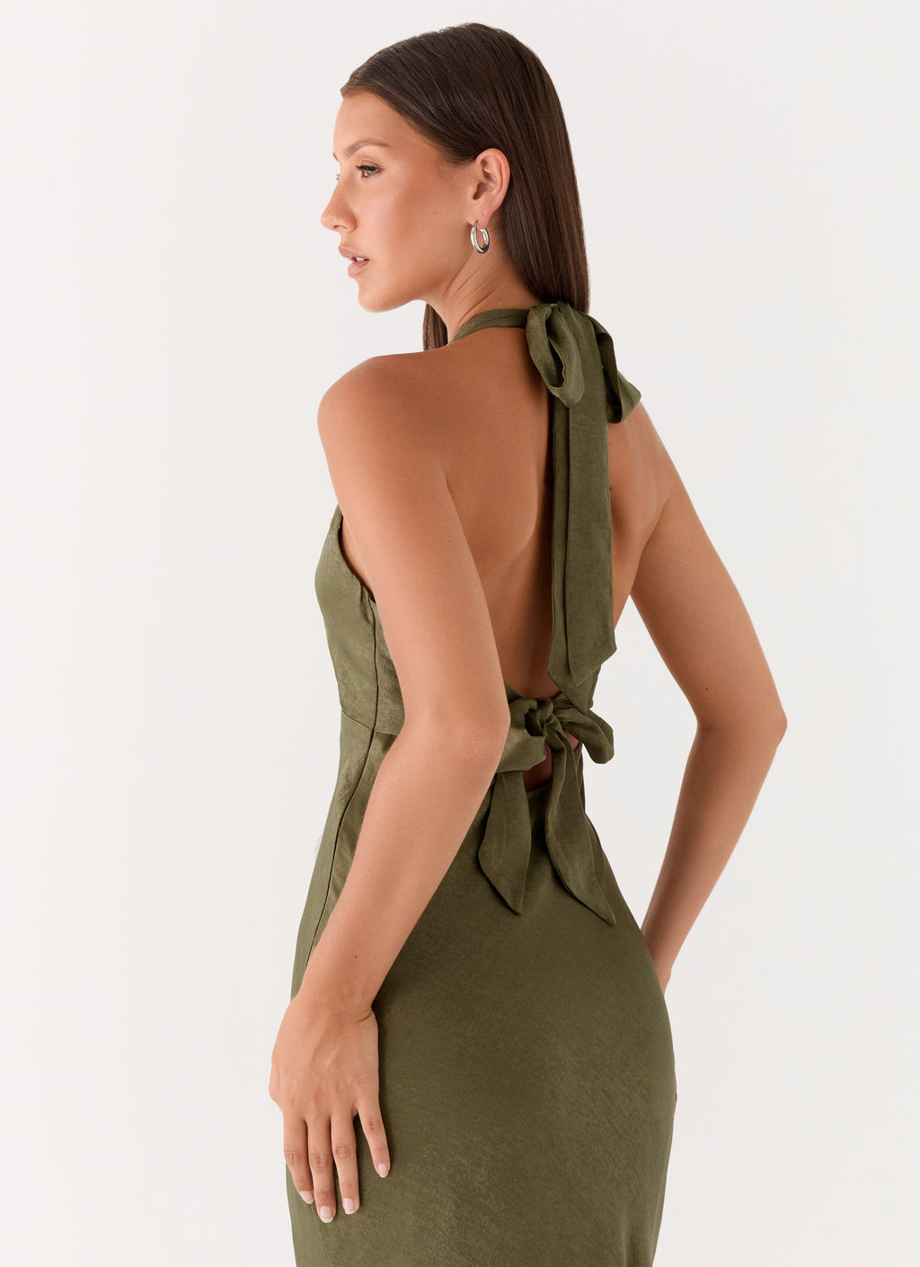 Heavy Hearted Satin Maxi Dress - Khaki