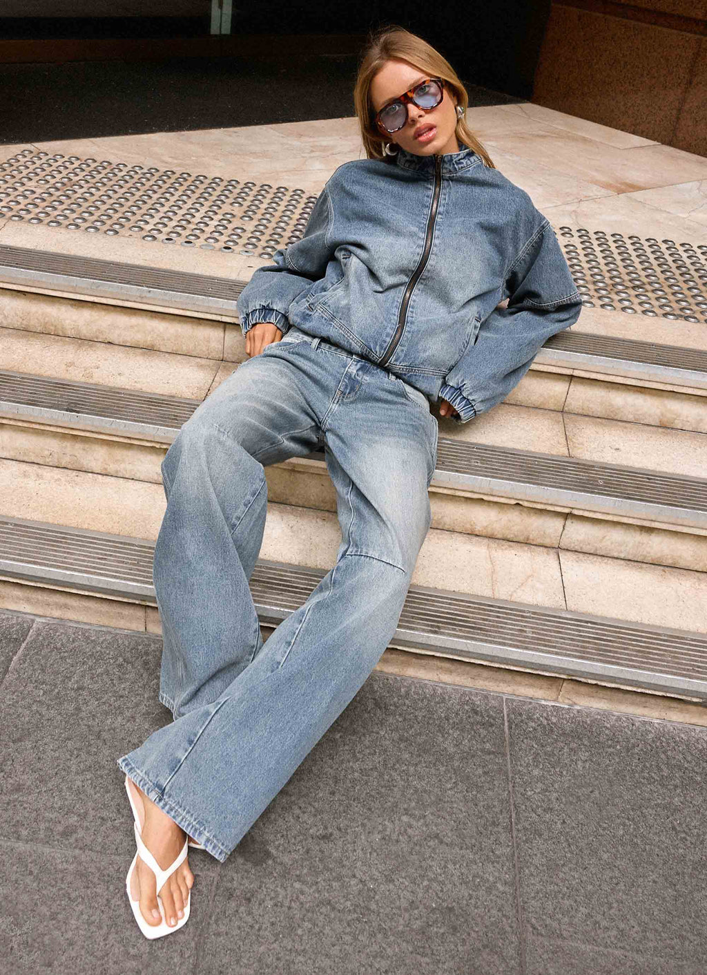 Waylon Denim Bomber Jacket - Mid Wash Blue